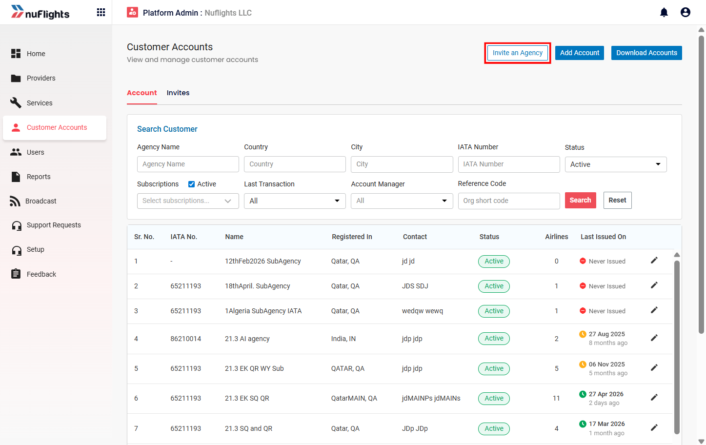 Customer Accounts page showing the Invite an Agency option