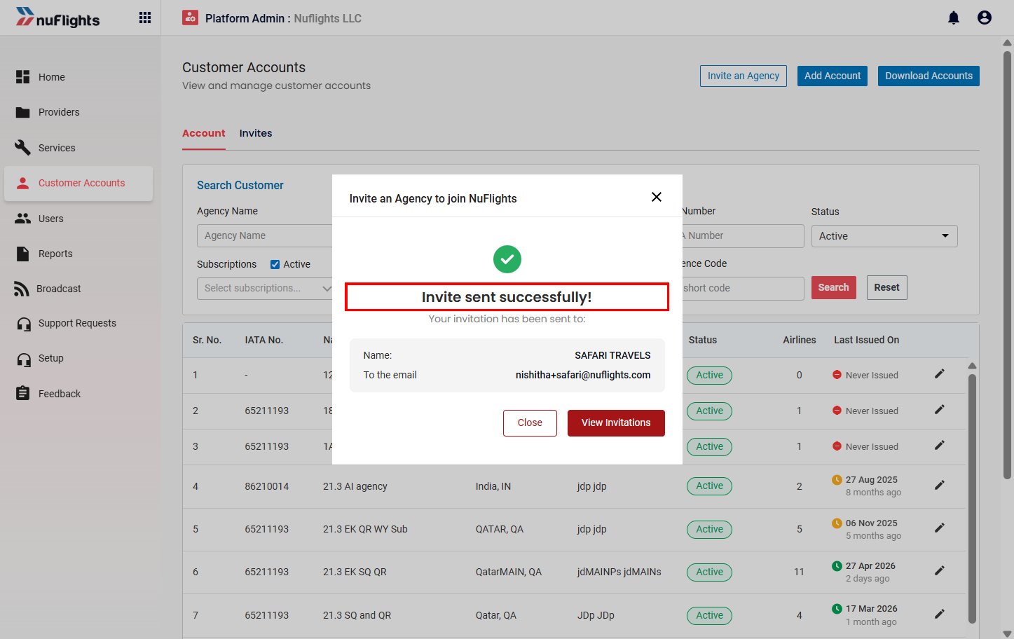 Customer Accounts page showing the Invite an Agency option