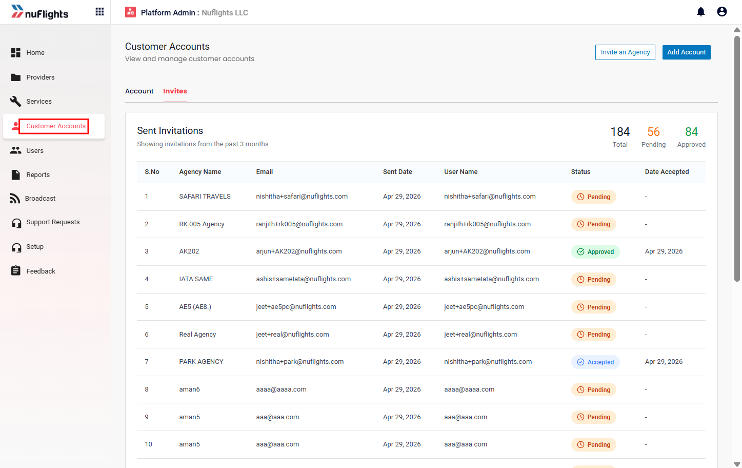 Customer Accounts page showing the Invite an Agency option