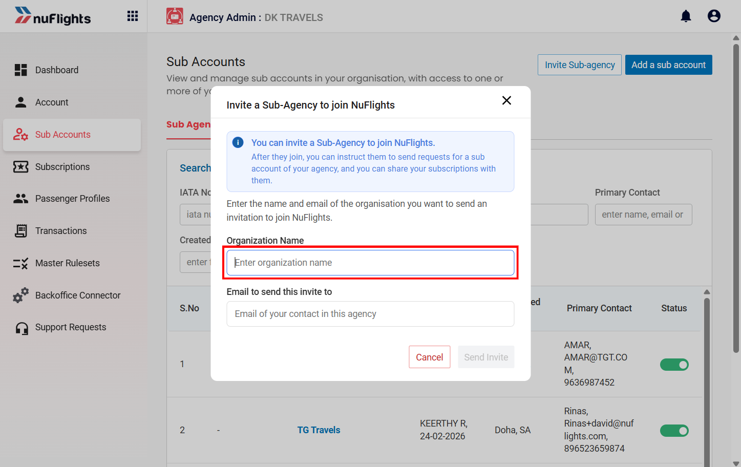 Invite Sub-agency form showing name and email fields