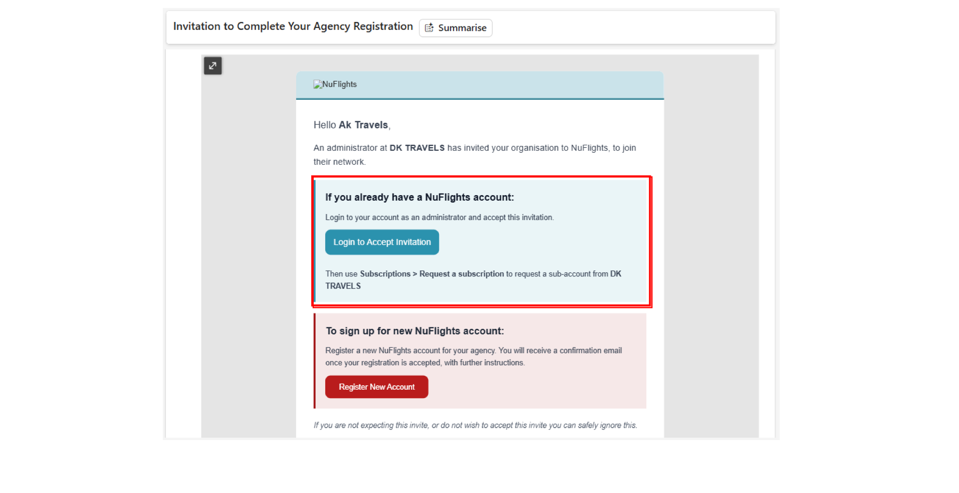 Email notification sent to the sub-agency