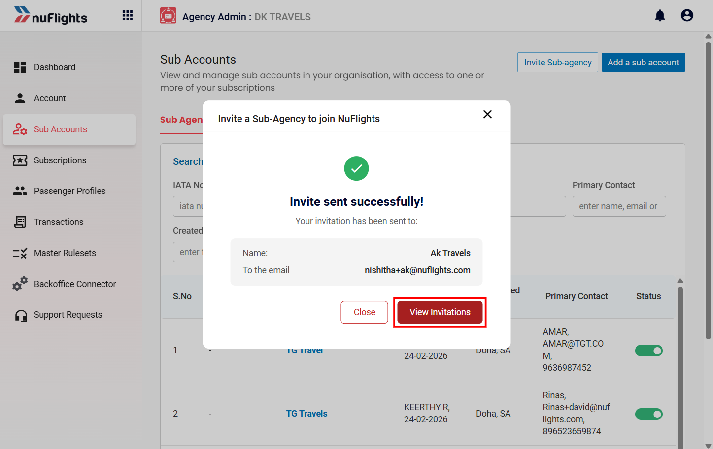 Invite Sub-agency form showing name and email fields
